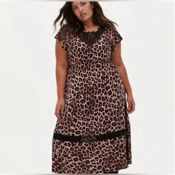 TORRID pink black leopard animal print dress sz 2 XL flutter sleeves lace EUC - Picture 1 of 16